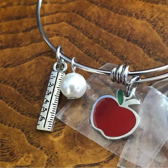 Teacher charm initial “K” silver plated adjustable bangle bracelet - Picture 3 of 4